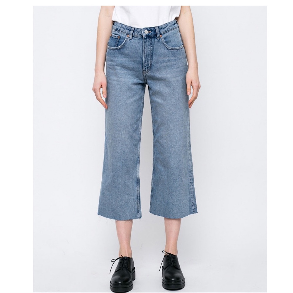 CHEAP MONDAY Ally Blue Gem High Waist Raw Hem Ankle Straight Jeans